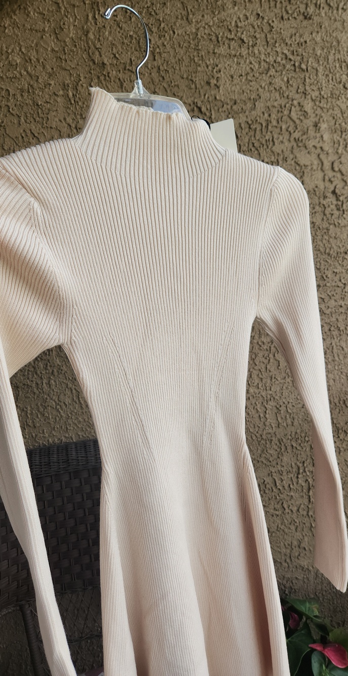 NWT Klesis Women's Cream Ribbed Mock Neck Sweater Fit and Flare Dress